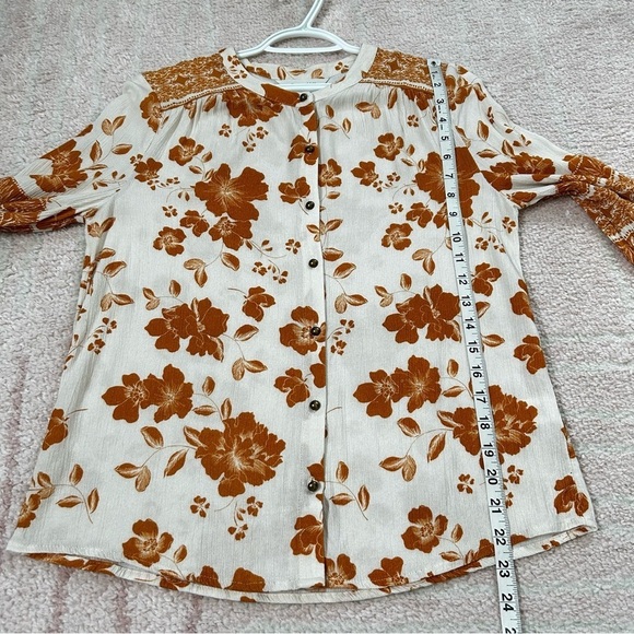 Garnet Hill Orange Cream Floral Button Up Blouse Size Small Fall Autumn - Picture 9 of 13
